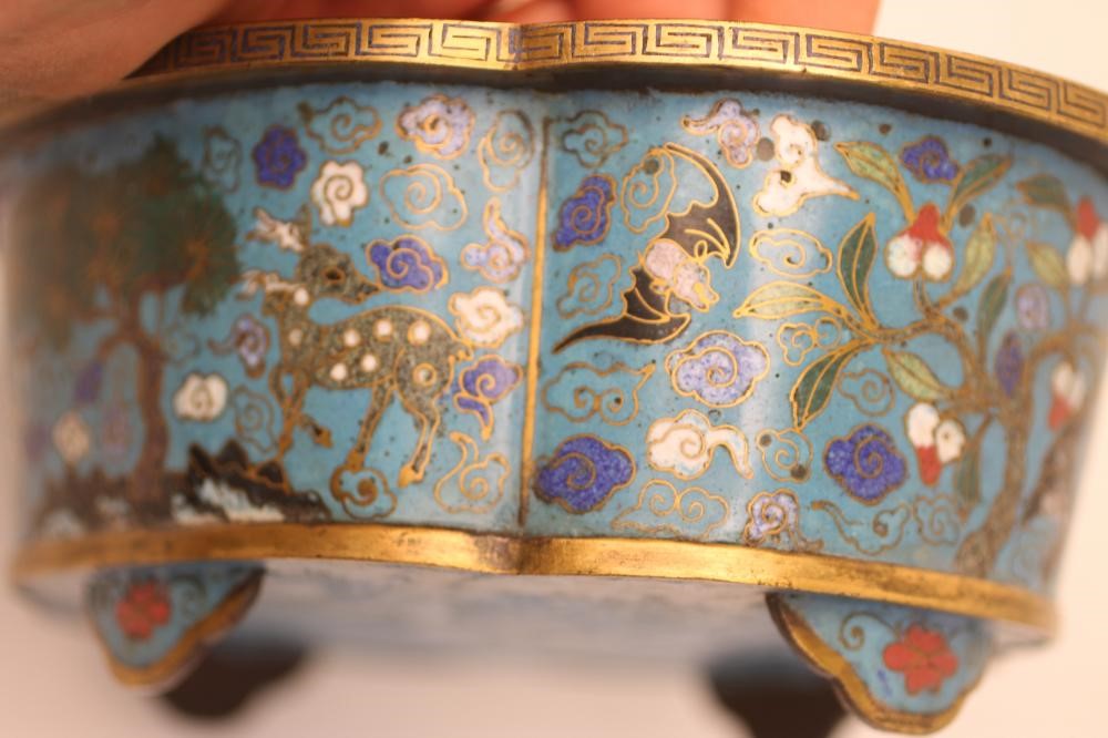 A CHINESE CLOISONNE ENAMEL BOWL of quatrefoil form with slightly everted rim and raised upon four Image