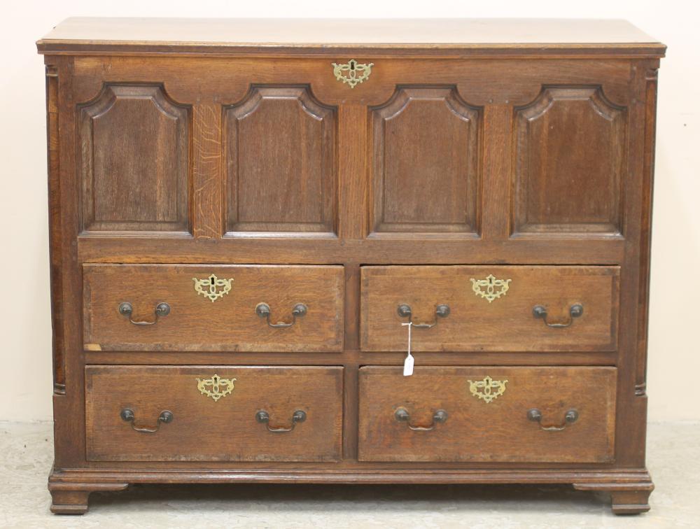 A GEORGIAN OAK AND WALNUT BANDED "MULE" CHEST Image
