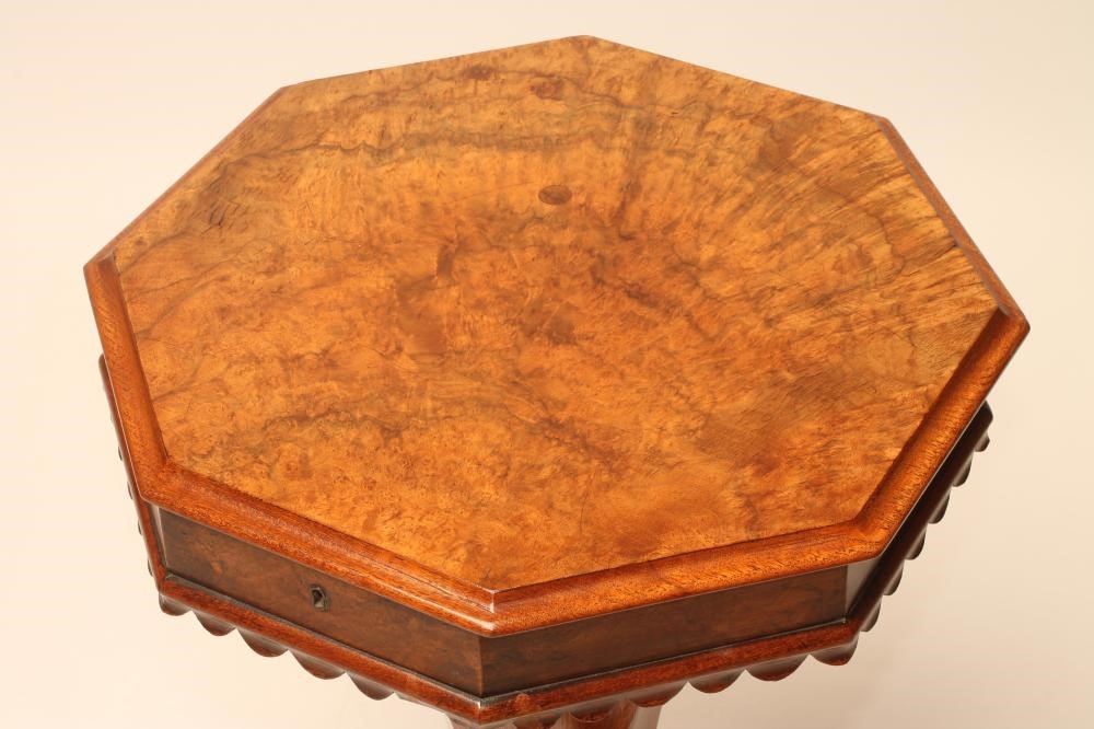 A VICTORIAN WALNUT SEWING TABLE of octagonal form Image