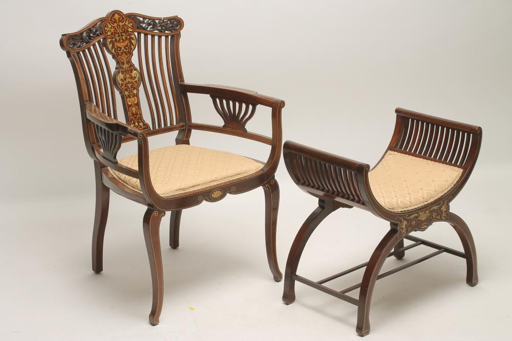 AN EDWARDIAN MAHOGANY AND INLAID ELBOW CHAIR Image