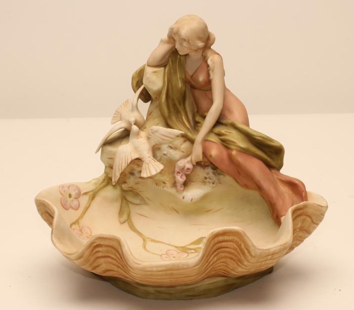 AN ART NOUVEAU ROYAL DUX BISQUE PORCELAIN FIGURAL CENTREPIECE Image