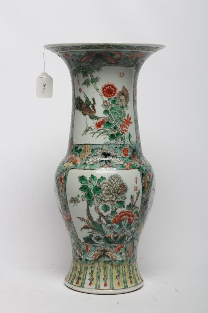 A CHINESE PORCELAIN YEN-YEN VASE painted in famille verte enamels with panels of birds amidst Image
