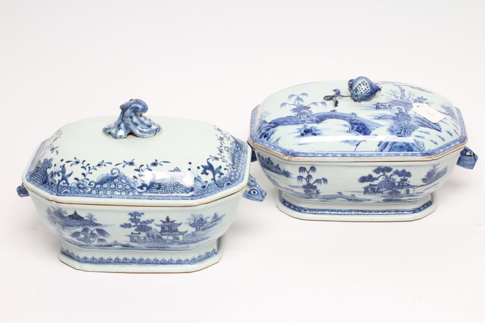 TWO CHINESE EXPORT PORCELAIN TUREENS AND COVERS of canted oblong form Image