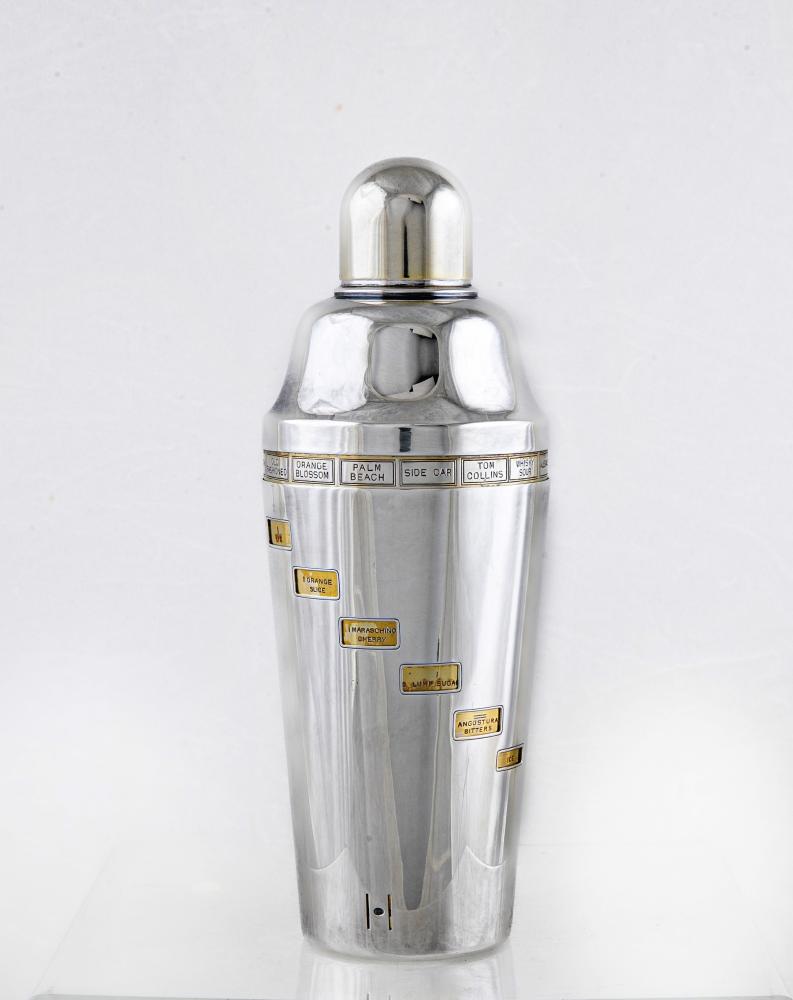 AN ART DECO EPNS RECIPE COCKTAIL SHAKER of flared cylindrical form with lift-off domed cover Image