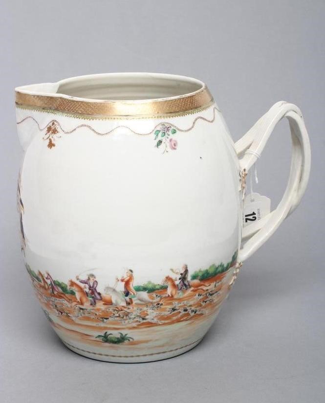A CHINESE ARMORIAL PORCELAIN LARGE BARREL JUG Image