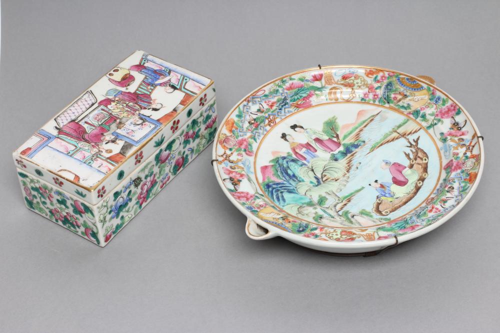 A CANTONESE PORCELAIN WARMING DISH of circular form with two small spouts Image