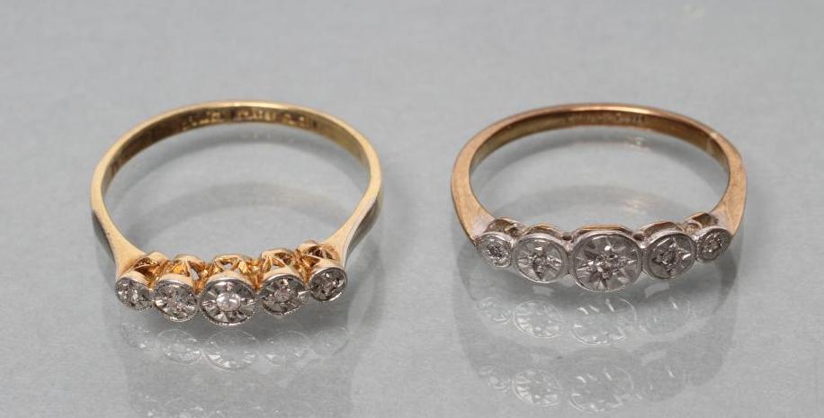 A PAIR OF ILLUSION SET FIVE STONE DIAMOND RINGS with plain shanks stamped 9ct Image