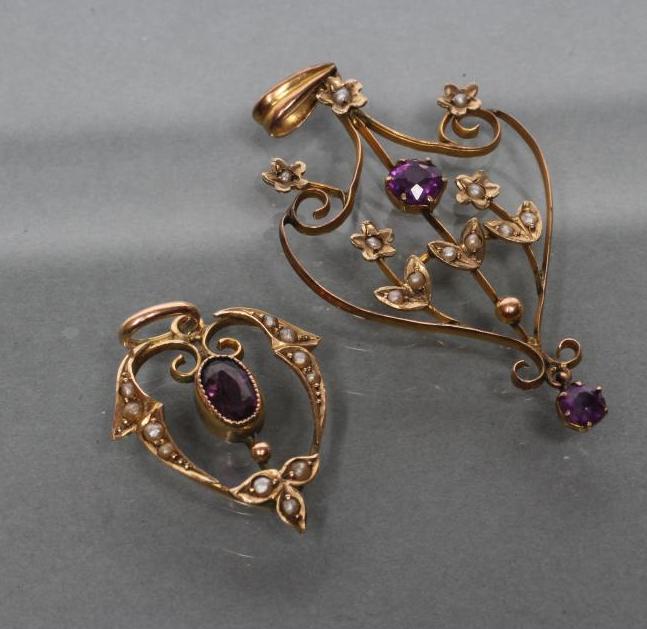 TWO EDWARDIAN AMETHYST AND SEED PEARL OPENWORK PENDANTS Image