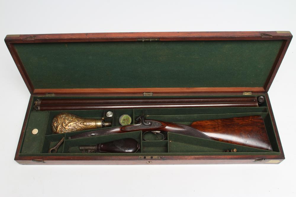 A THOMAS HILL OF DUNSE 14 BORE DOUBLE BARRELLED PERCUSSION SHOTGUN Image