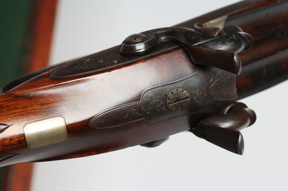 A THOMAS HILL OF DUNSE 14 BORE DOUBLE BARRELLED PERCUSSION SHOTGUN Image