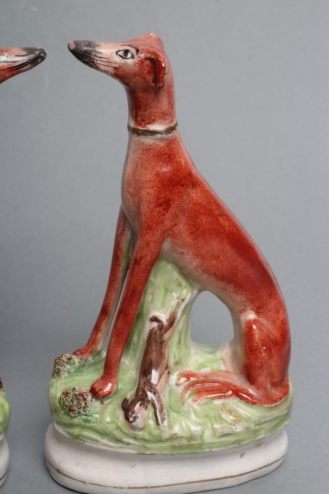 A PAIR OF LATE VICTORIAN STAFFORDSHIRE POTTERY SEATED GREYHOUNDS with free standing fore-legs and Image