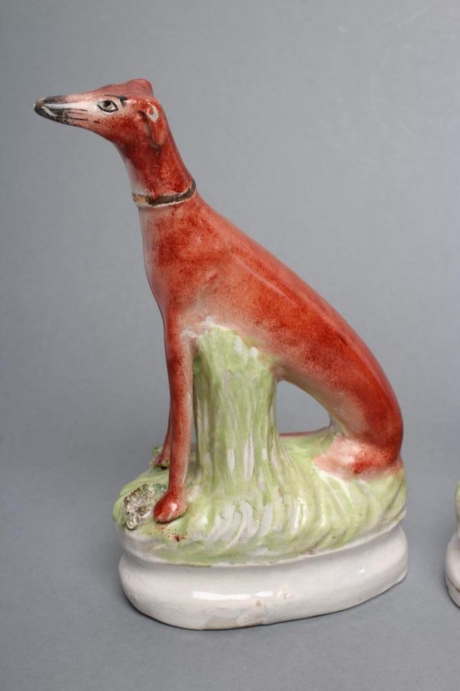A PAIR OF LATE VICTORIAN STAFFORDSHIRE POTTERY SEATED GREYHOUNDS with free standing fore-legs and Image