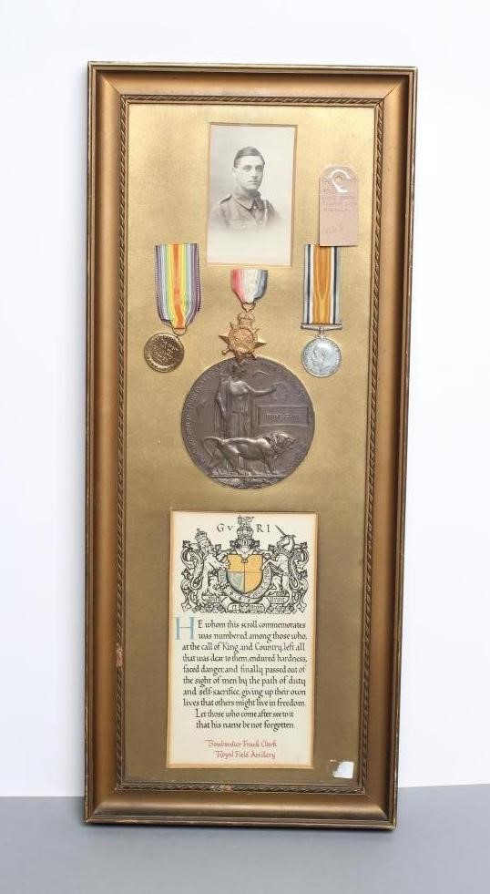 A FRAMED FAMILY OF MEDALS awarded to Bombardier Frank Clark of the Royal Field Artillery Image