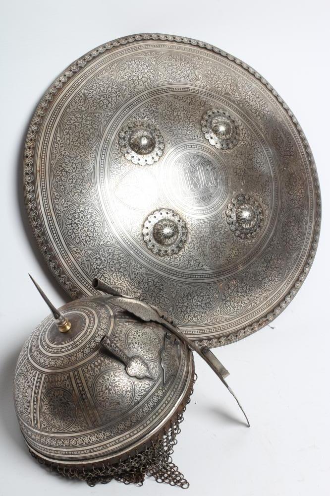 AN INDO-PERSIAN KHULA KHUD HELMET AND SHIELD Image