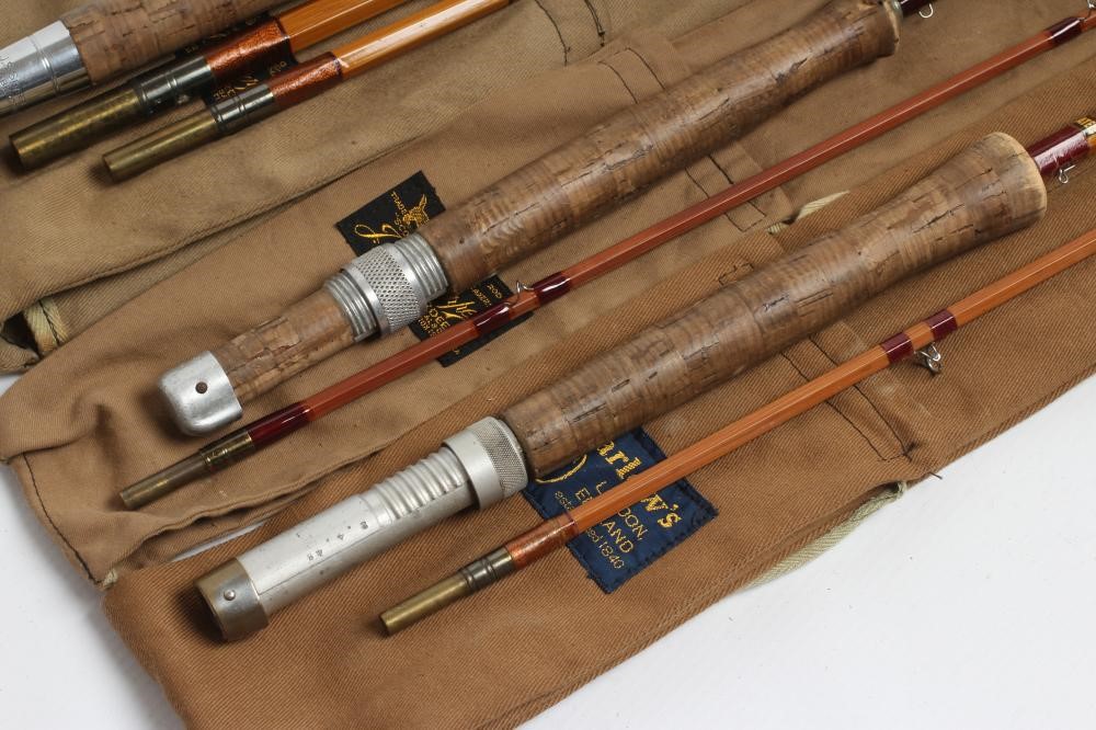 THREE SHARPES OF ABERDEEN SPLIT CANE "SCOTTIE" FISHING RODS Image