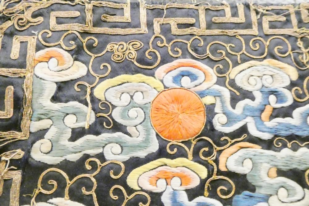 A PAIR OF CHINESE SILK SQUARE PANELS embroidered in coloured silks on a dark navy ground Image