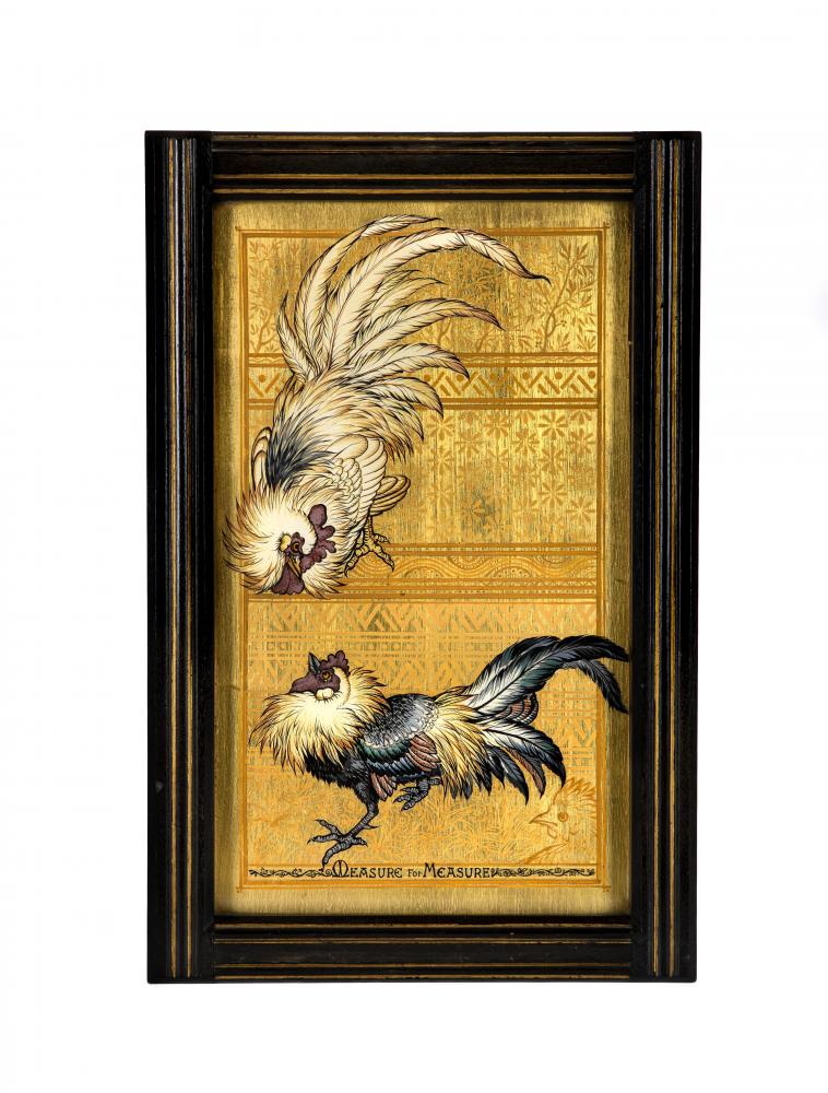 AN AESTHETIC PAINTED WOOD PANEL of oblong form and depicting two fighting cocks on a gilded Image