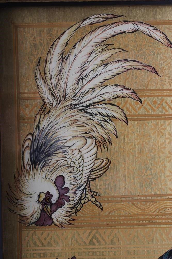 AN AESTHETIC PAINTED WOOD PANEL of oblong form and depicting two fighting cocks on a gilded Image