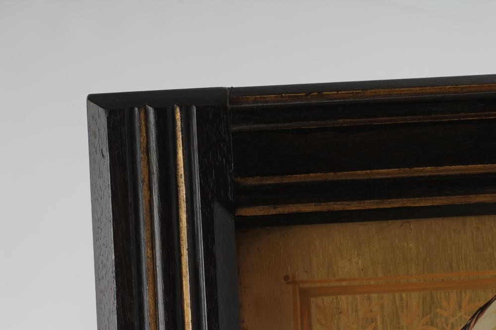 AN AESTHETIC PAINTED WOOD PANEL of oblong form and depicting two fighting cocks on a gilded Image