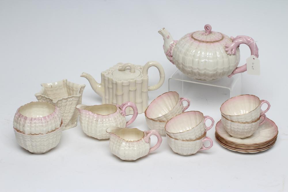A VICTORIAN FIRST PERIOD BELLEEK PORCELAIN NAUTILUS TEA SERVICE with shaded pink rims Image