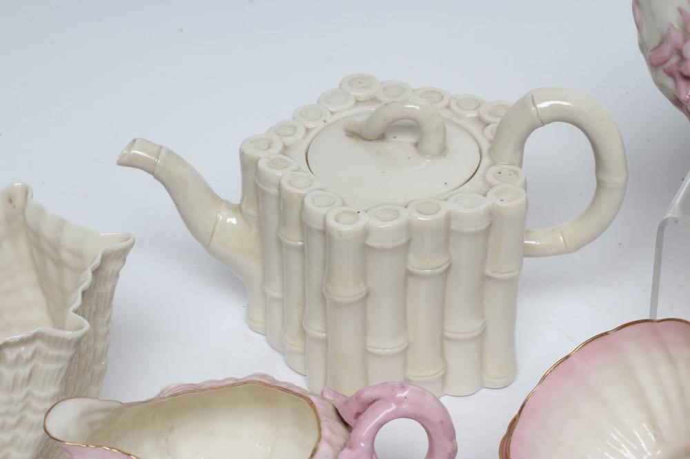 A VICTORIAN FIRST PERIOD BELLEEK PORCELAIN NAUTILUS TEA SERVICE with shaded pink rims Image