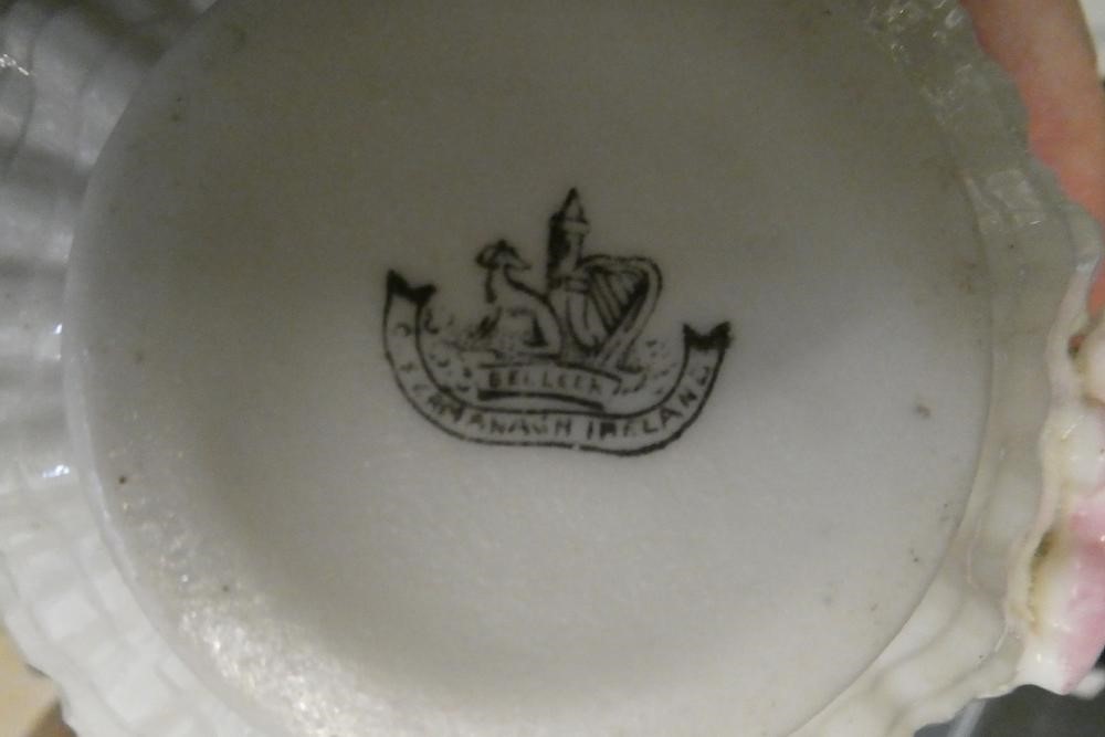 A VICTORIAN FIRST PERIOD BELLEEK PORCELAIN NAUTILUS TEA SERVICE with shaded pink rims Image