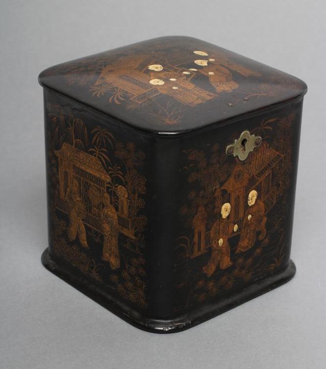 A CHINESE BLACK LACQUERED TEA CADDY Image