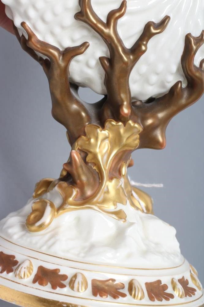 A LATE VICTORIAN ROYAL WORCESTER NAUTILUS VASE surmounted by a lizard Image