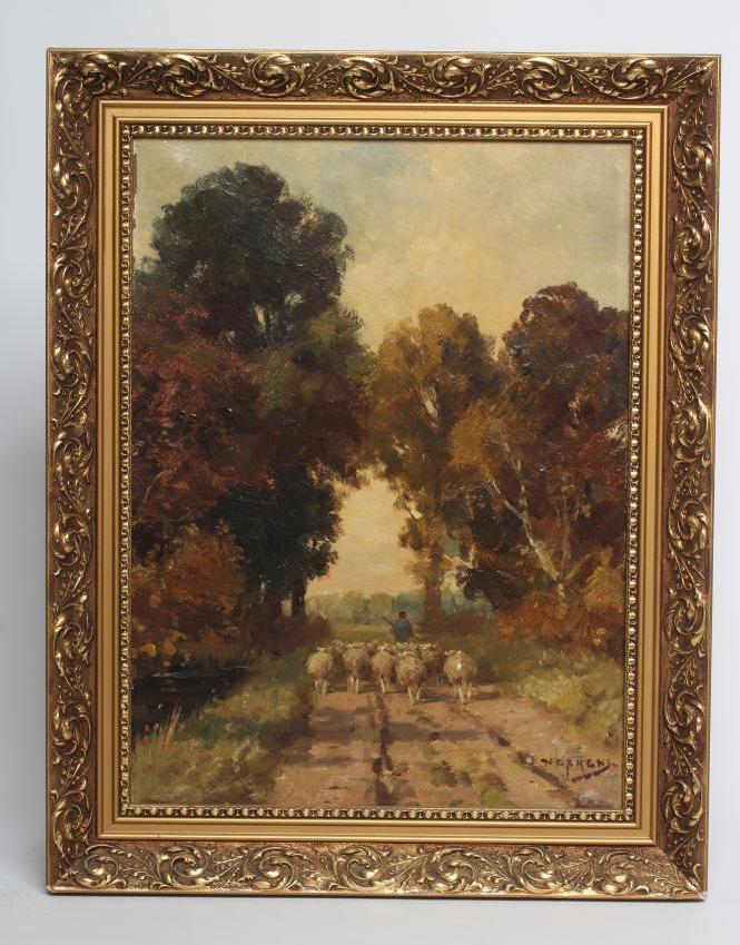 MARTINUS JACOBUS NEFKENS (Dutch 1866-1941) Shepherd and Flock on a Woodland Path Image
