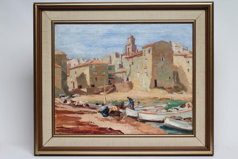 PHILIP NAVIASKY (1894-1983) Continental Village with Fishermen in the Foreground Image