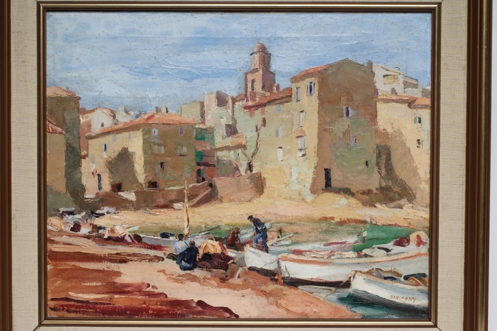 PHILIP NAVIASKY (1894-1983) Continental Village with Fishermen in the Foreground Image
