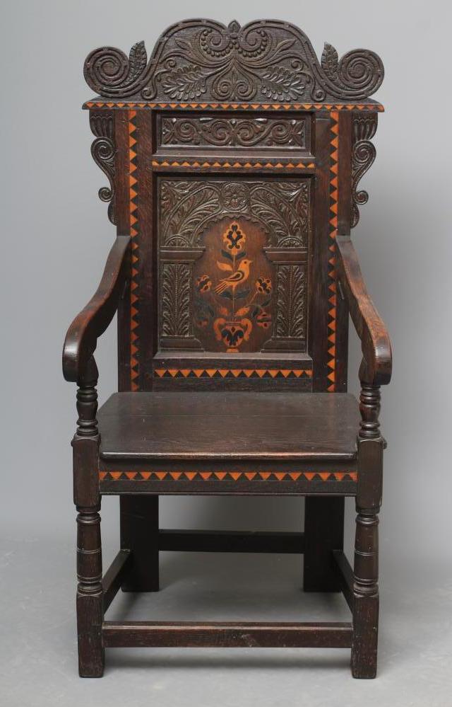 A VICTORIAN JOINED OAK ARM CHAIR in the late 17th century style Image