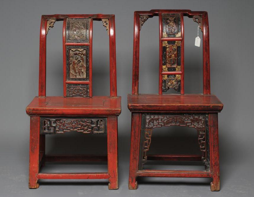 A PAIR OF CHINESE RED LACQUERED CHILDS' CHAIRS Image