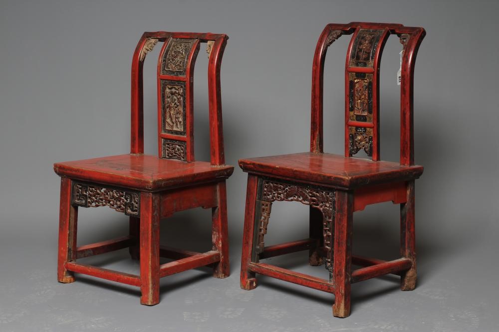 A PAIR OF CHINESE RED LACQUERED CHILDS' CHAIRS Image