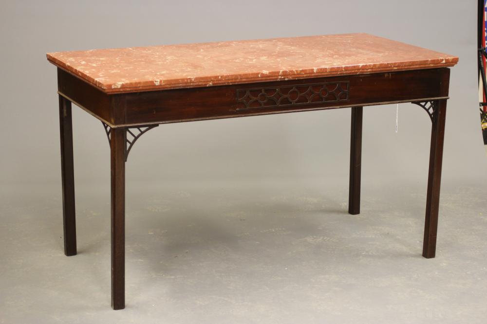 A MAHOGANY AND MARBLE TOP SIDE TABLE Image