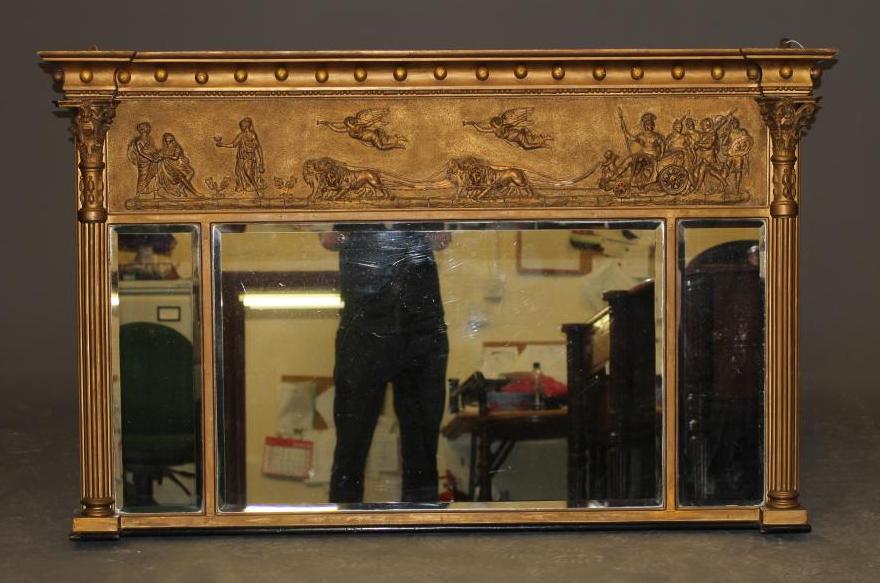 A REGENCY GILT WOOD AND GESSO TRIPLE OVERMANTEL MIRROR Image