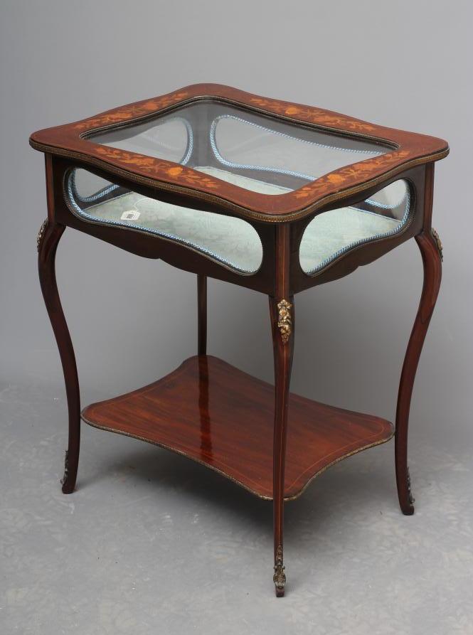 A MAHOGANY AND FLORAL MARQUETRY BIJOUTERIE TABLE Image