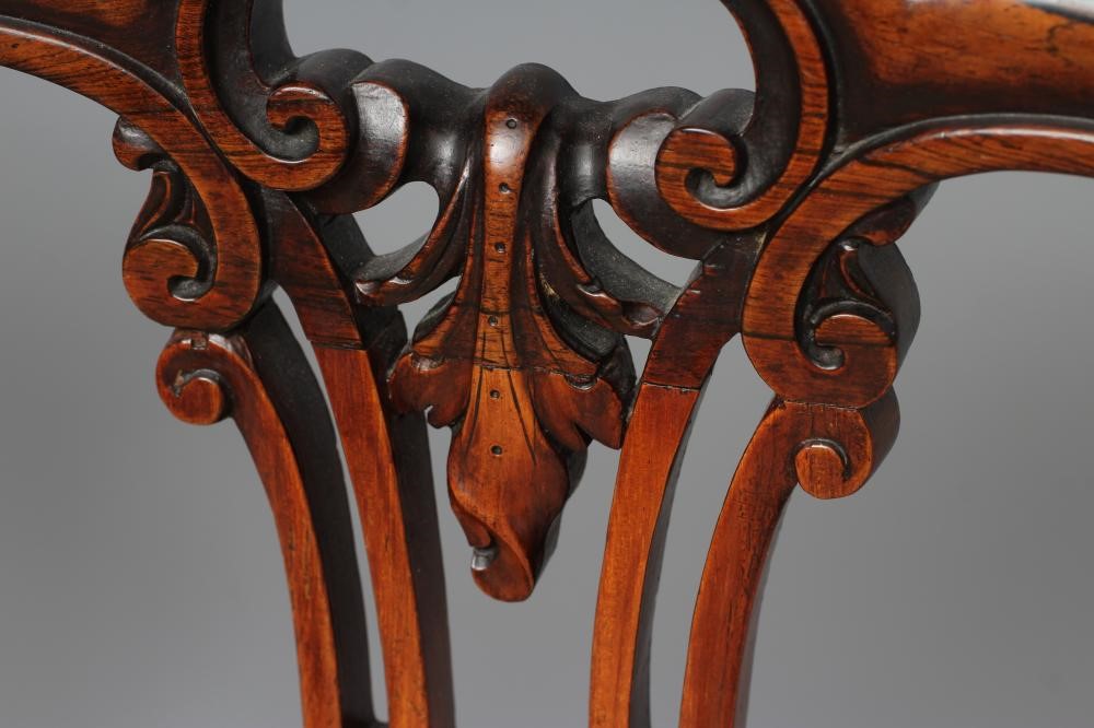 A SET OF SIX VICTORIAN ROSEWOOD DINING CHAIRS of balloon back form upholstered in cream silk damask Image