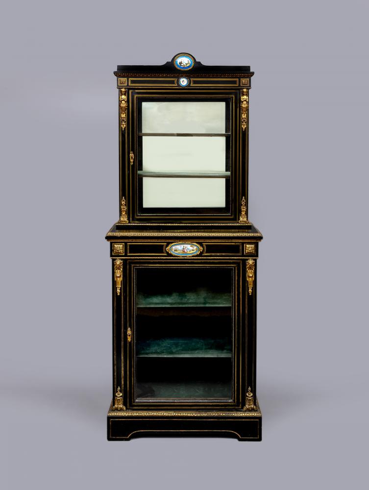 A VICTORIAN EBONISED AND BRASS INLAID PIER DISPLAY CABINET with gilt metal mounts and inset blue Image