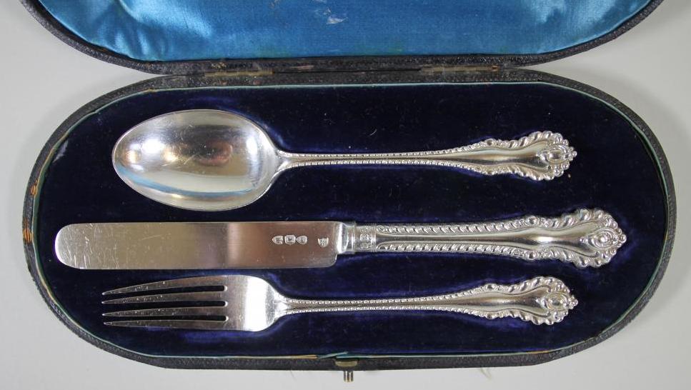 A LATE VICTORIAN COMPOSITE SILVER THREE PIECE CHRISTENING SET Image