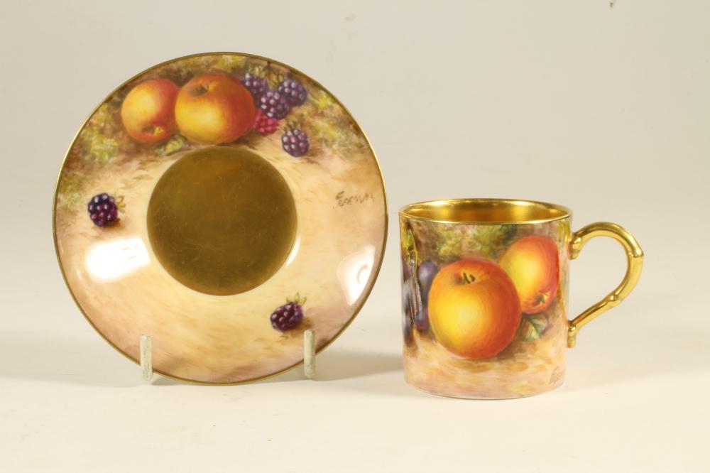 A ROYAL WORCESTER CHINA COFFEE CAN AND SAUCER Image