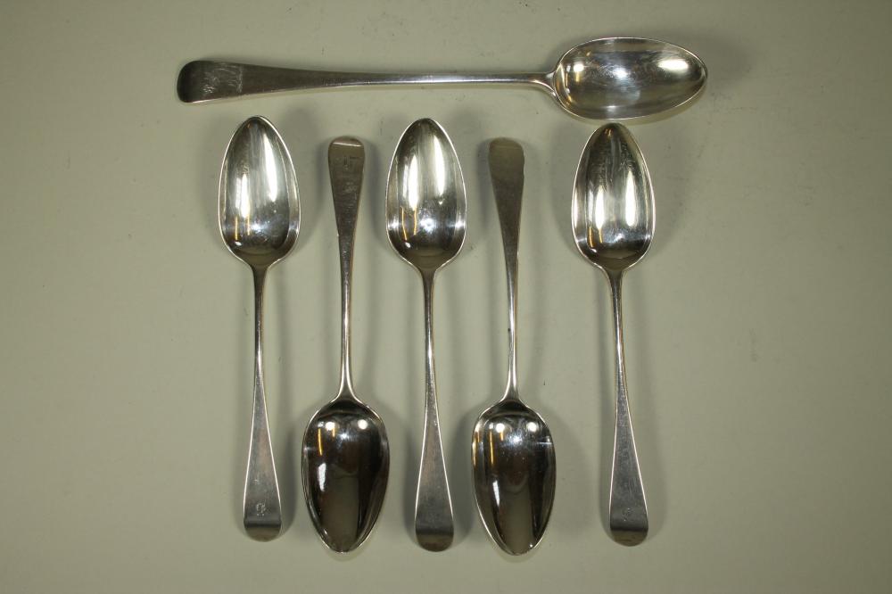 A SET OF FIVE LATE GEORGE III SILVER TABLESPOONS Image