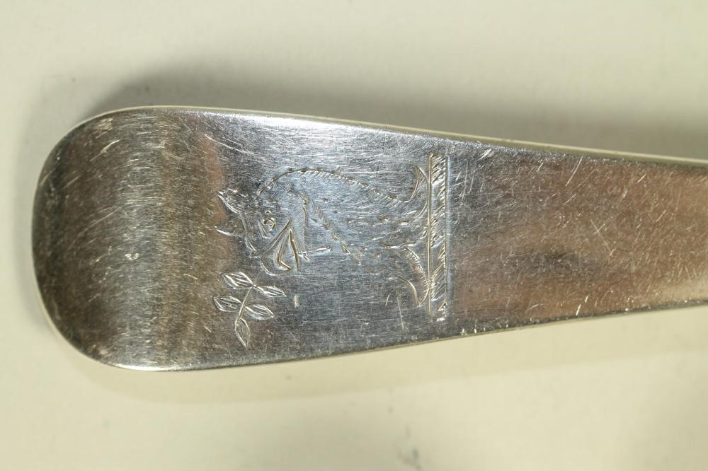 A SET OF FIVE LATE GEORGE III SILVER TABLESPOONS Image
