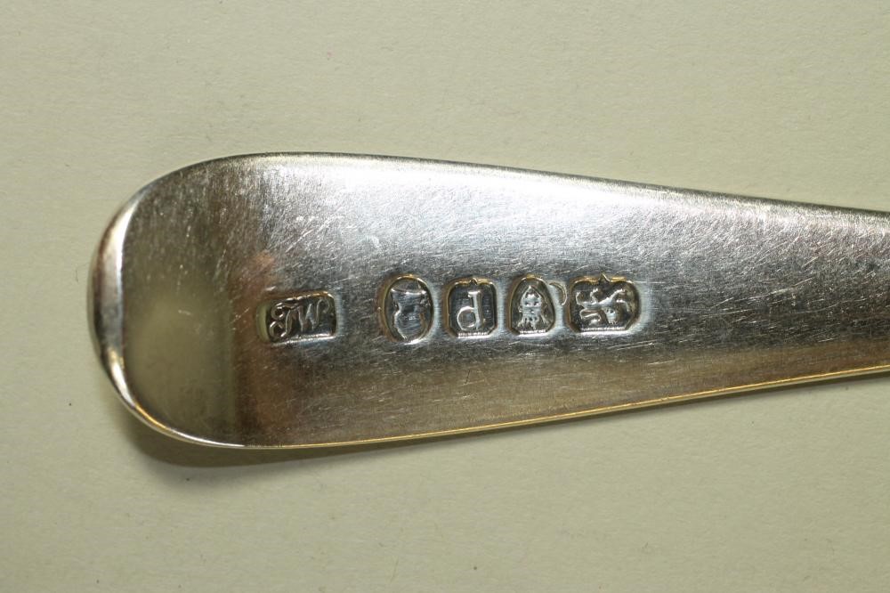 A SET OF FIVE LATE GEORGE III SILVER TABLESPOONS Image