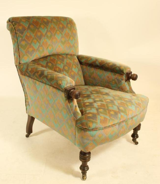 A VICTORIAN WALNUT FRAMED RECLINING CLUB ARMCHAIR upholstered in diamond pattern velvet Image