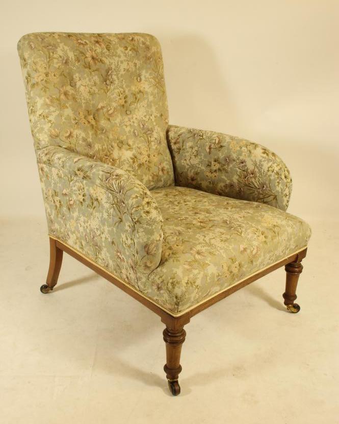 A LATE VICTORIAN MAHOGANY FRAMED ARMCHAIR with stringing and button upholstered in a floral weave Image