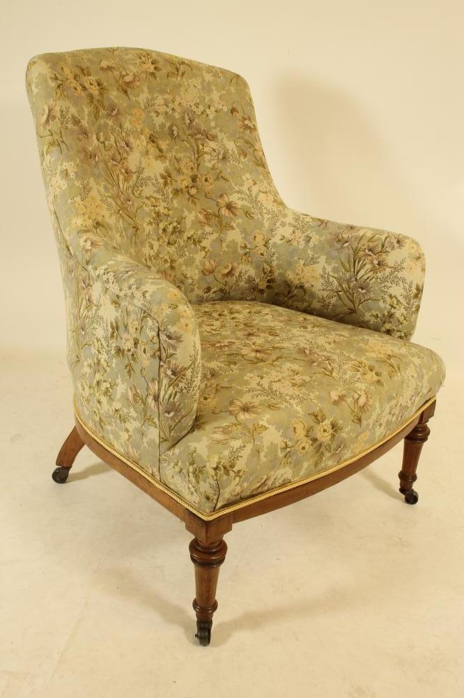 A LATE VICTORIAN MAHOGANY FRAMED BOUDOIR ARMCHAIR Image