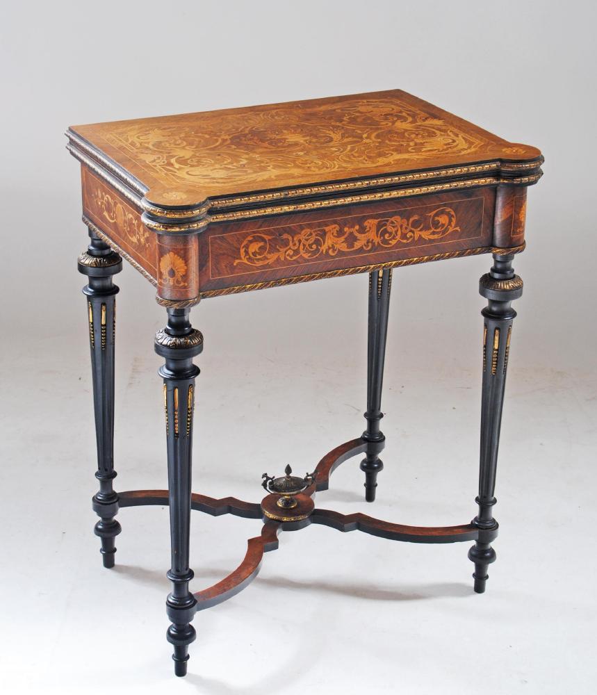 A VICTORIAN KINGWOOD AND MARQUETRY FOLDING CARD TABLE in the French revival style richly inlaid with Image