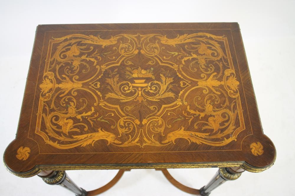 A VICTORIAN KINGWOOD AND MARQUETRY FOLDING CARD TABLE in the French revival style richly inlaid with Image