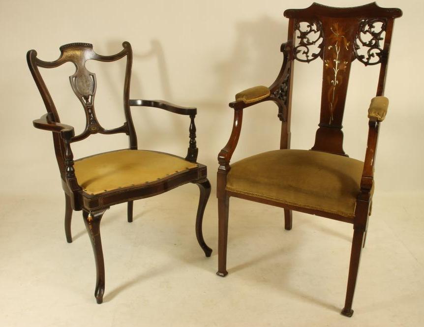 A LADY'S LATE VICTORIAN MAHOGANY ELBOW CHAIR upholstered in mustard dralon Image